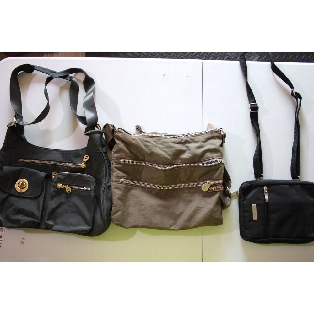 Baggallini Lot of 3 Crossbody Bags Triple Zip Turnlock Gray Black Khaki Travel